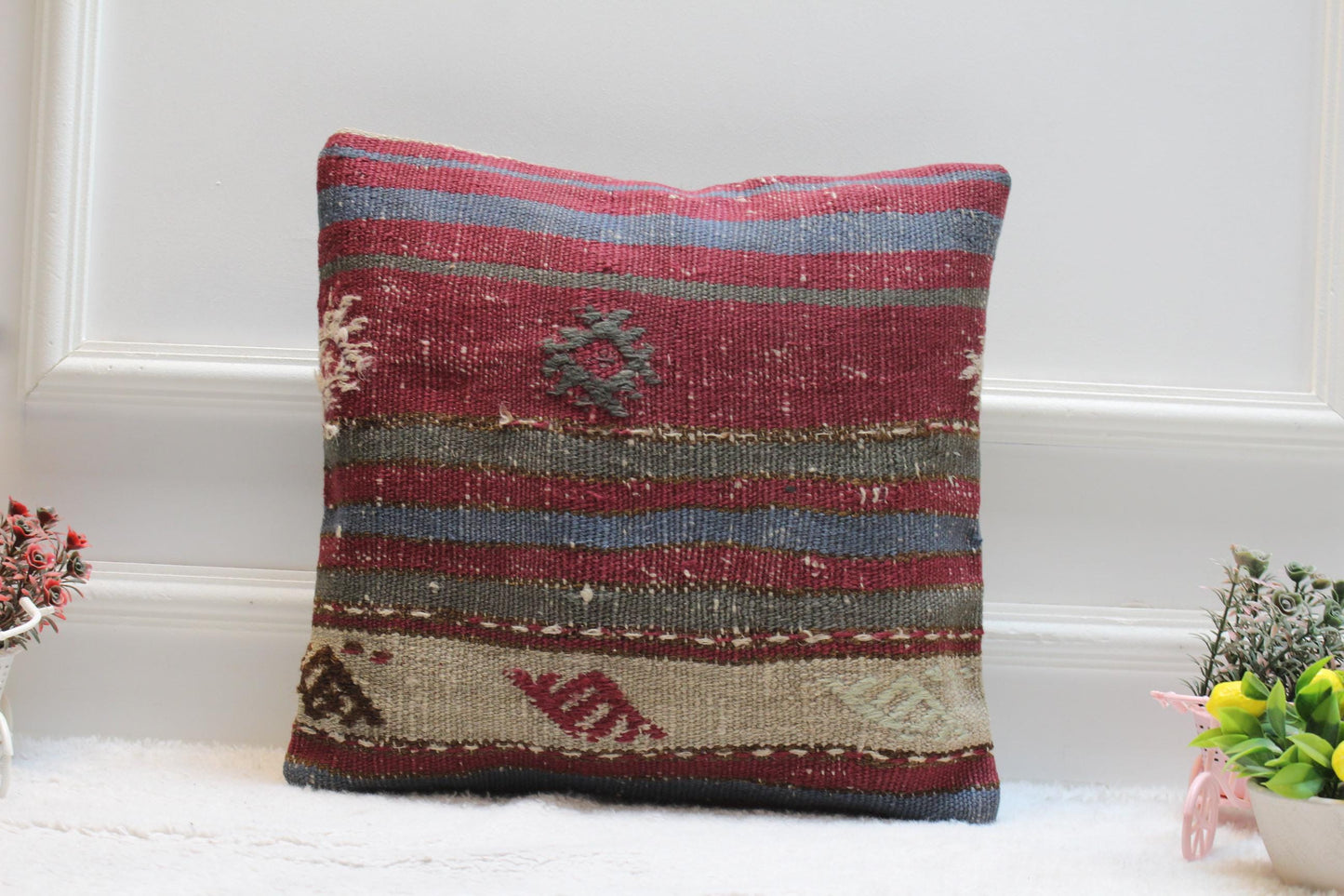 Handmade Kilim Pillow Cover: Purple Woven Accent Cushion (16x16)