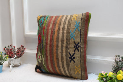 Vintage Kilim Pillow Cover: Handmade Rainbow Woven Rug, 16x16 Inch