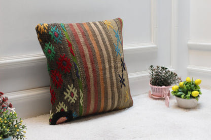 Vintage Kilim Pillow Cover: Handmade Rainbow Woven Rug, 16x16 Inch