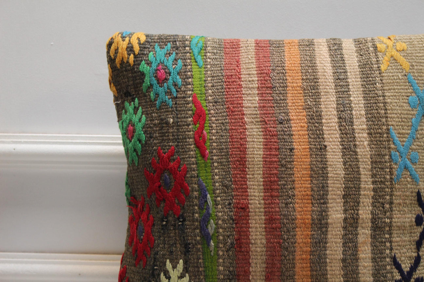 Vintage Kilim Pillow Cover: Handmade Rainbow Woven Rug, 16x16 Inch