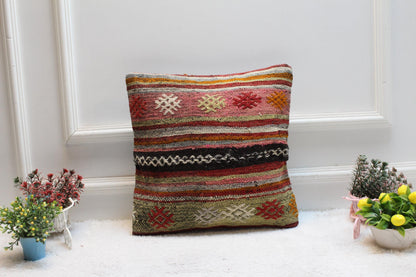 Handmade Kilim Pillow Cover: Striped Boho Accent Pillow, 16x16