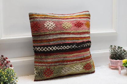 Handmade Kilim Pillow Cover: Striped Boho Accent Pillow, 16x16