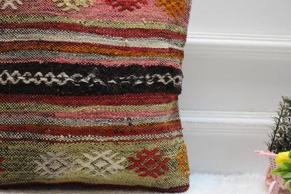 Handmade Kilim Pillow Cover: Striped Boho Accent Pillow, 16x16
