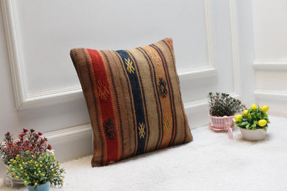 Handmade Kilim Pillow Cover: Boho Woven Rug Cushion (16x16 in)