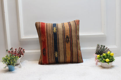 Handmade Kilim Pillow Cover: Boho Woven Rug Cushion (16x16 in)