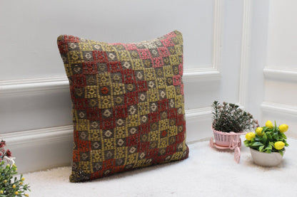 Handmade Kilim Pillow Cover: 16x16 Bohemian Woven Throw Pillow