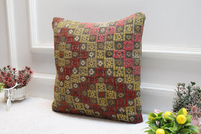 Handmade Kilim Pillow Cover: 16x16 Bohemian Woven Throw Pillow