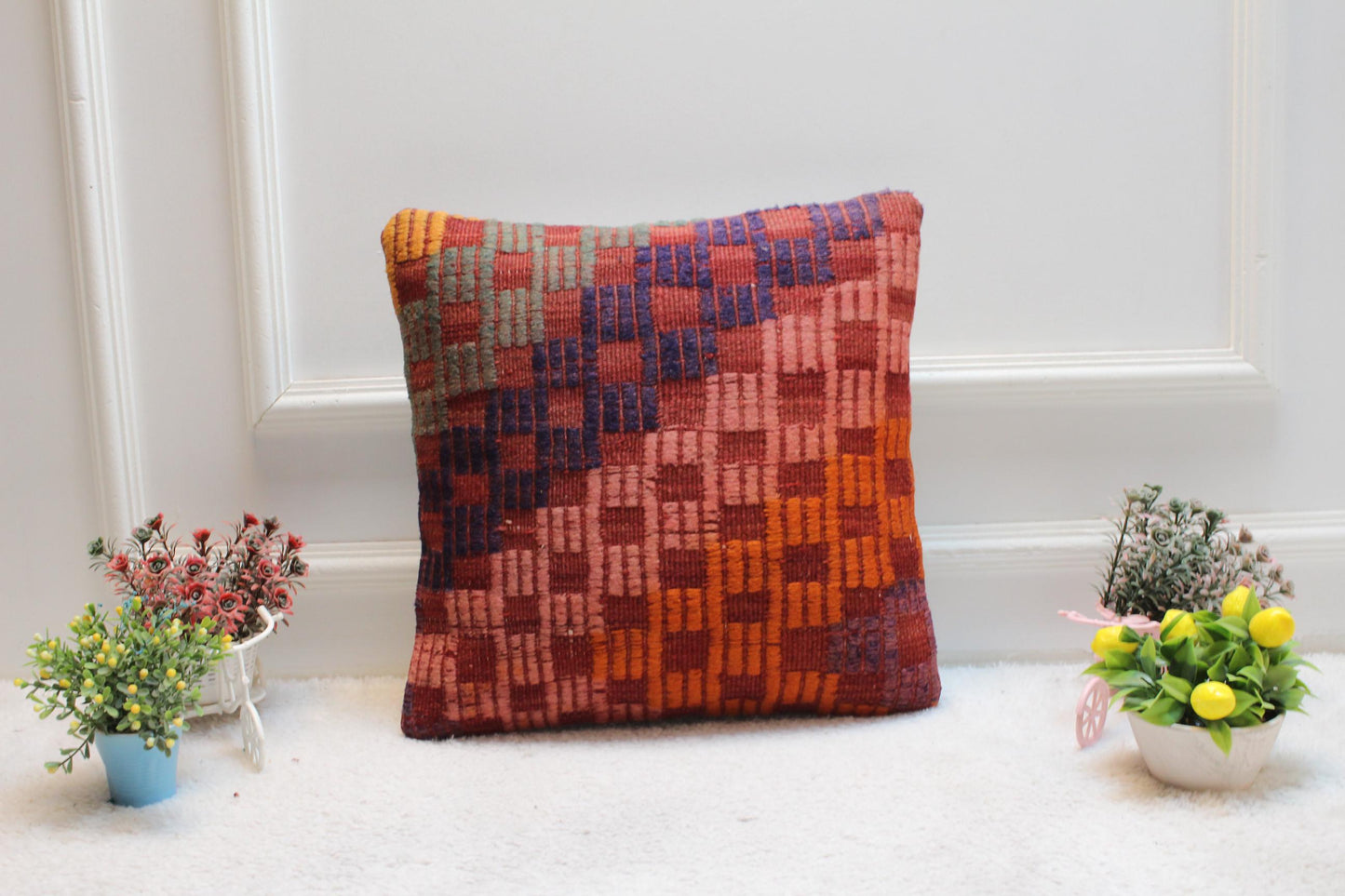 Handmade Kilim Pillow Cover: Geometric Woven Wool, 16x16 Vintage Cushion