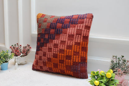 Handmade Kilim Pillow Cover: Geometric Woven Wool, 16x16 Vintage Cushion