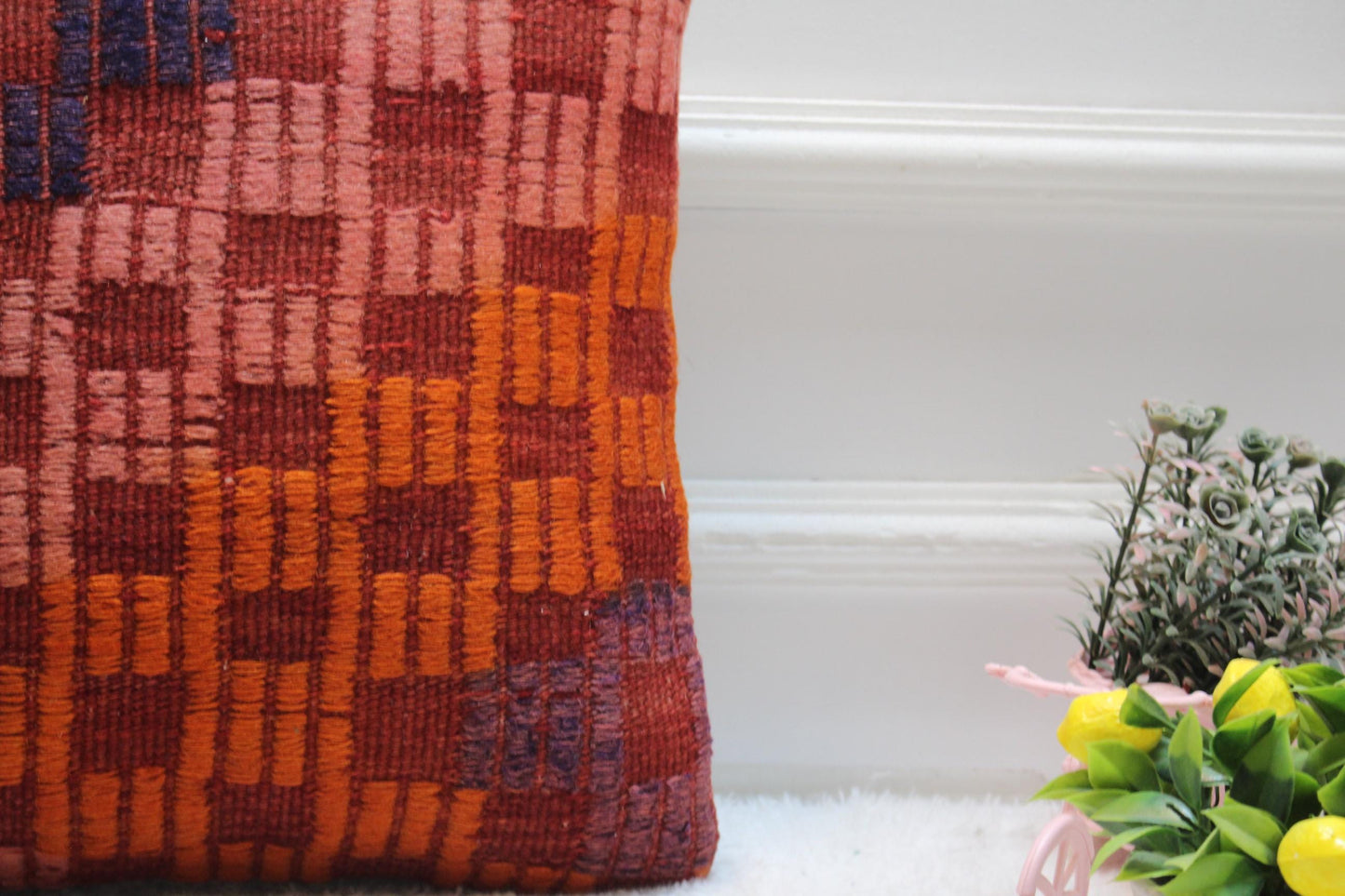 Handmade Kilim Pillow Cover: Geometric Woven Wool, 16x16 Vintage Cushion