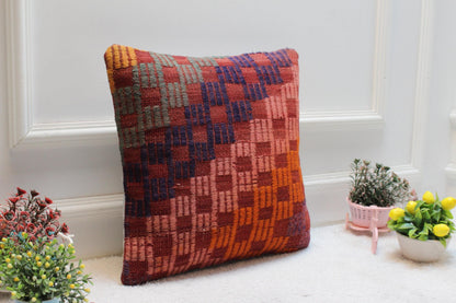 Handmade Kilim Pillow Cover: Geometric Woven Wool, 16x16 Vintage Cushion