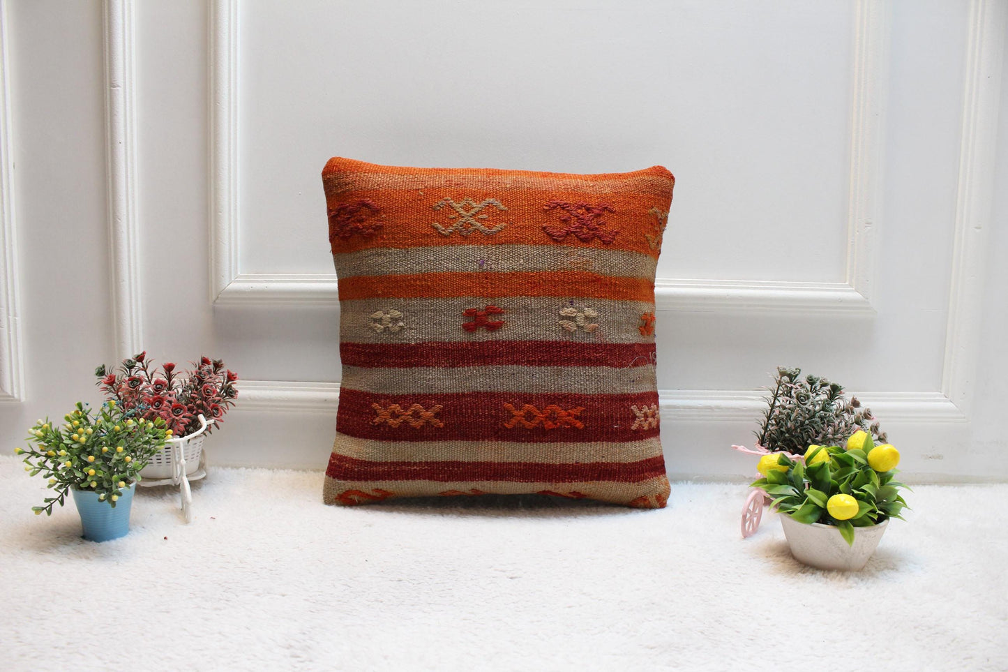 Kilim Pillow | Organic Wool Anatolian Cushion Cover | 16x16 Inch Square Home Design Decor