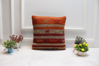 Kilim Pillow | Organic Wool Anatolian Cushion Cover | 16x16 Inch Square Home Design Decor