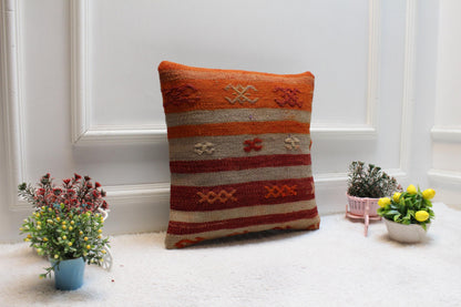 Kilim Pillow | Organic Wool Anatolian Cushion Cover | 16x16 Inch Square Home Design Decor