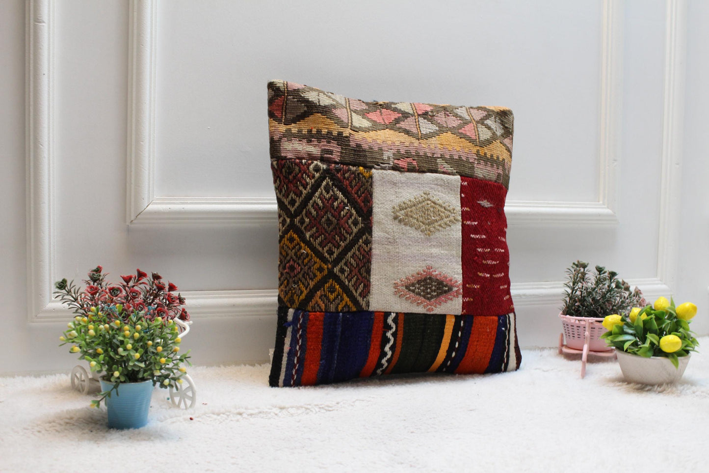 Kilim Pillow - Handmade Patchwork Design 16x16 Square Decorative Organic Wool Pillow Case