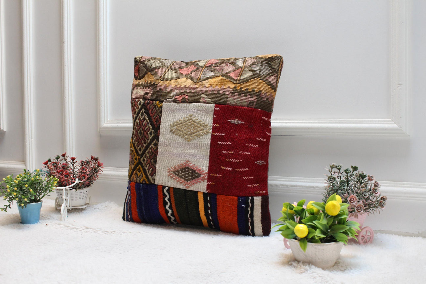 Kilim Pillow - Handmade Patchwork Design 16x16 Square Decorative Organic Wool Pillow Case