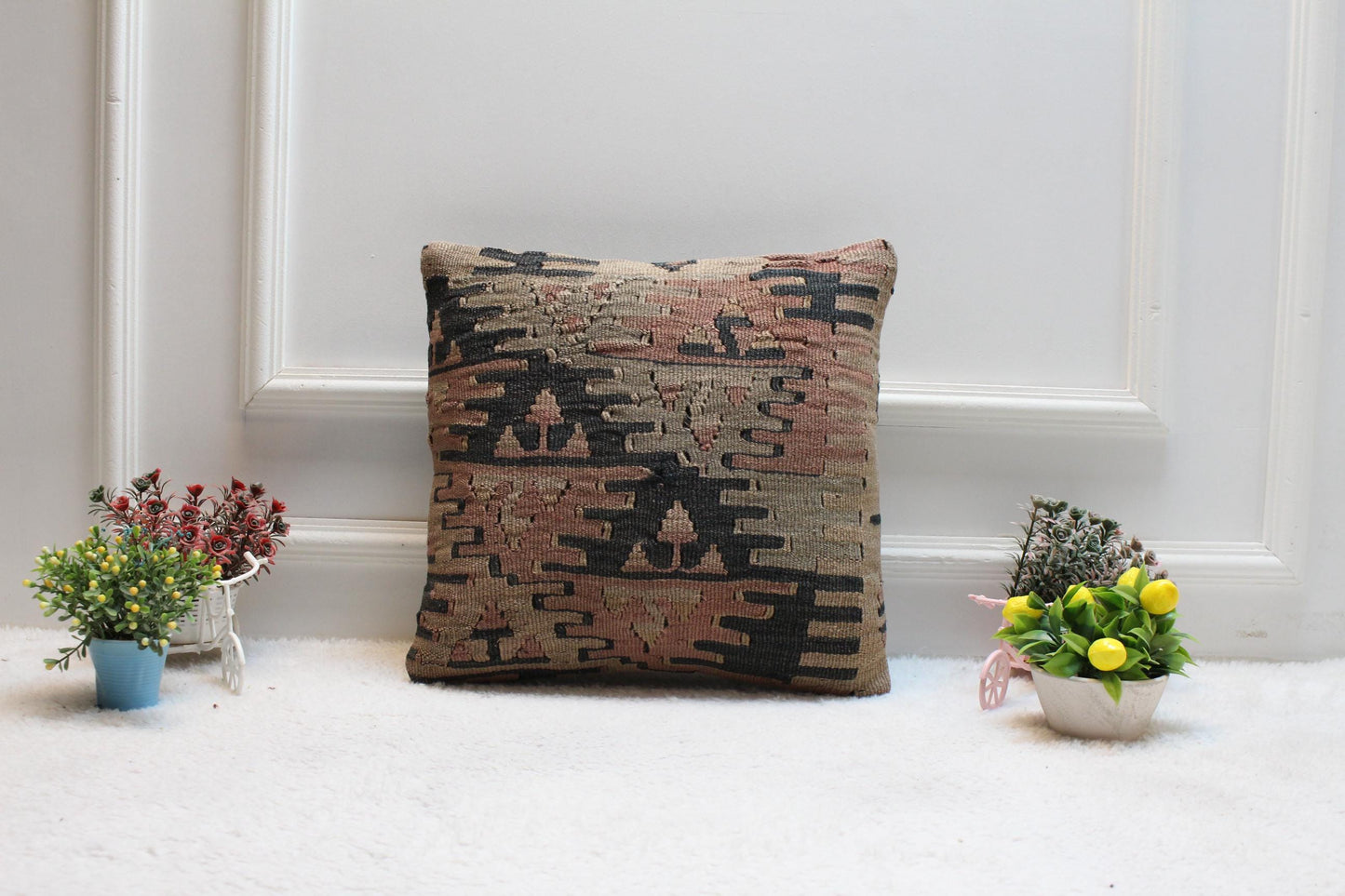 Handmade Kilim Pillow Cover: Upcycled Woven Rug, Bohemian Decor (16x16 inch)