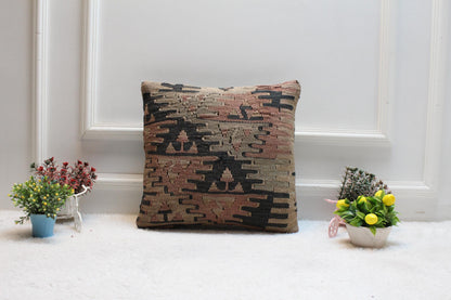 Handmade Kilim Pillow Cover: Upcycled Woven Rug, Bohemian Decor (16x16 inch)