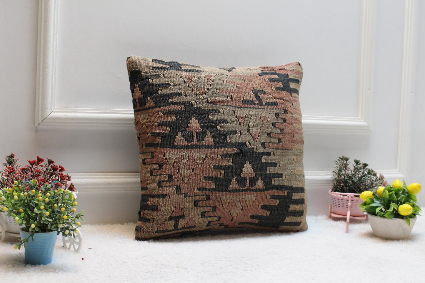 Handmade Kilim Pillow Cover: Upcycled Woven Rug, Bohemian Decor (16x16 inch)