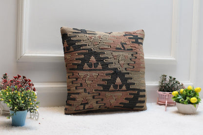 Handmade Kilim Pillow Cover: Upcycled Woven Rug, Bohemian Decor (16x16 inch)
