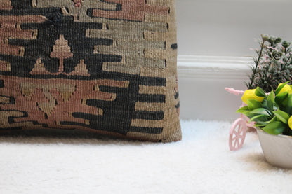 Handmade Kilim Pillow Cover: Upcycled Woven Rug, Bohemian Decor (16x16 inch)