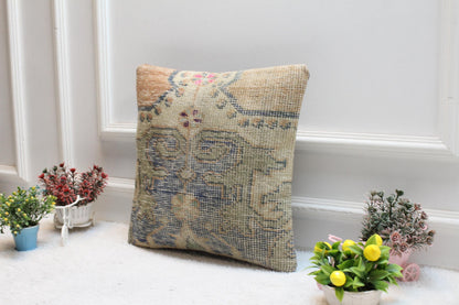 Geometric Kilim Pillow Cover: Upcycled Turkish Rug, 16x16 inch