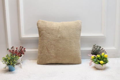 Beige Turkish Rug Pillow Cover: Vintage Wool Kilim, 16x16 Square