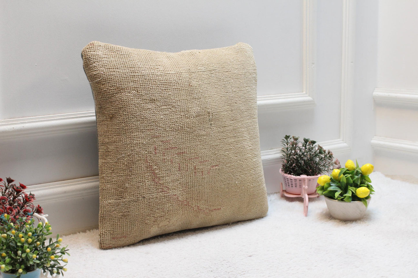 Beige Turkish Rug Pillow Cover: Vintage Wool Kilim, 16x16 Square