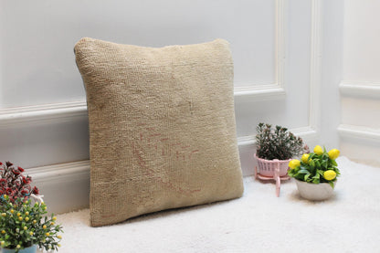 Beige Turkish Rug Pillow Cover: Vintage Wool Kilim, 16x16 Square
