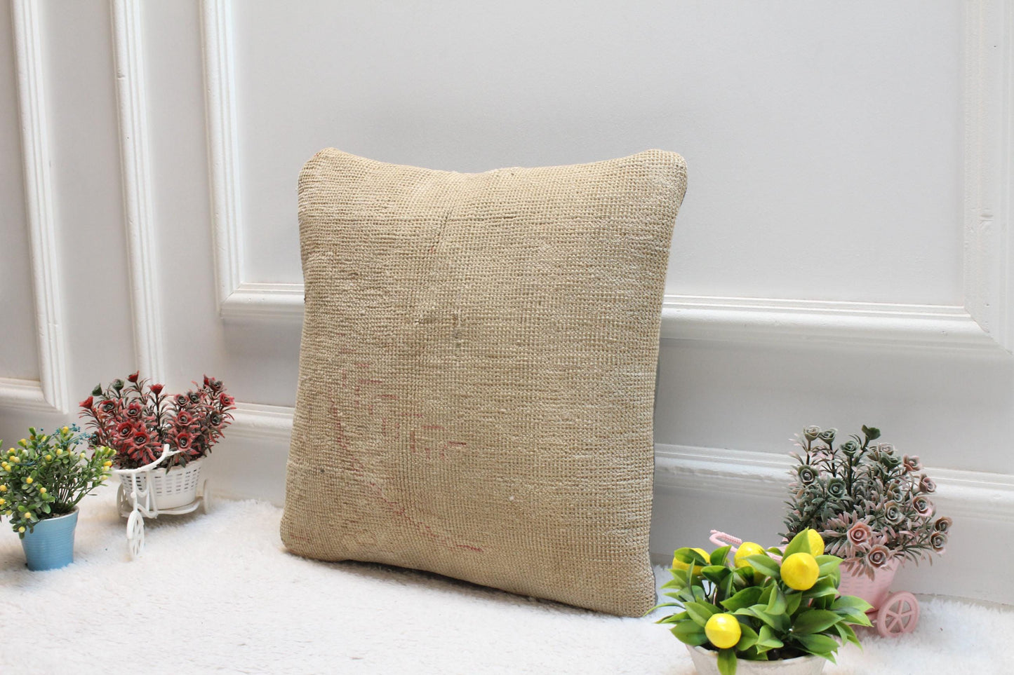 Beige Turkish Rug Pillow Cover: Vintage Wool Kilim, 16x16 Square