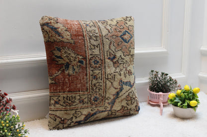 Handmade Turkish Rug Pillow Cover: Red & Beige Woven Wool, 16x16 Square
