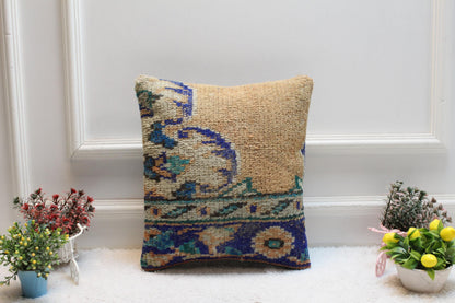 Handmade Turkish Rug Pillow Cover: Beige Wool Kilim, 16x16 Square