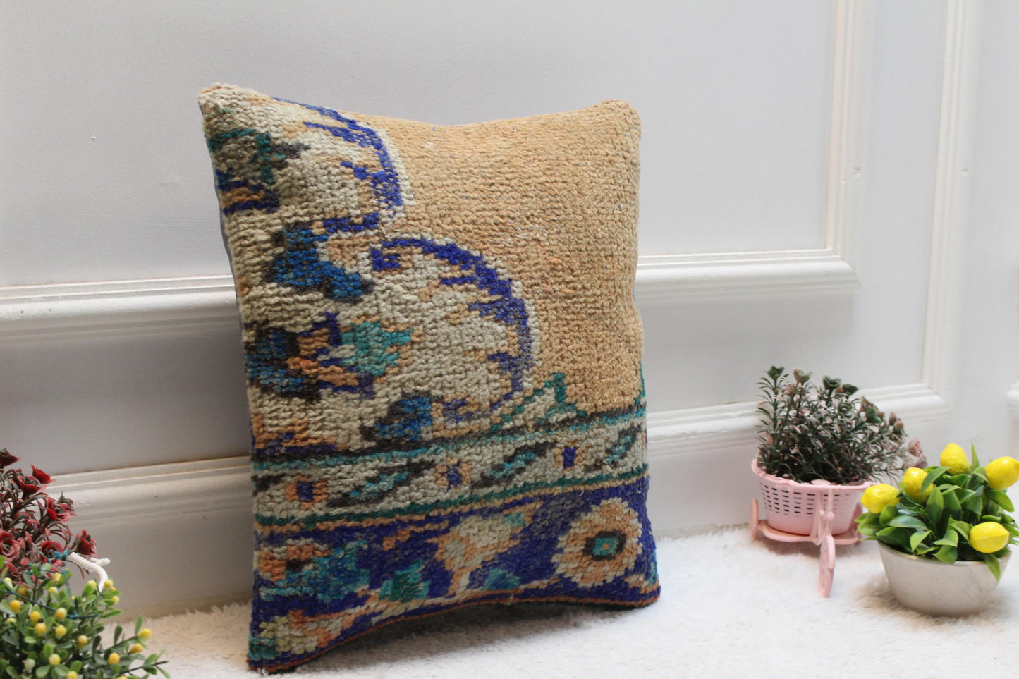 Handmade Turkish Rug Pillow Cover: Beige Wool Kilim, 16x16 Square