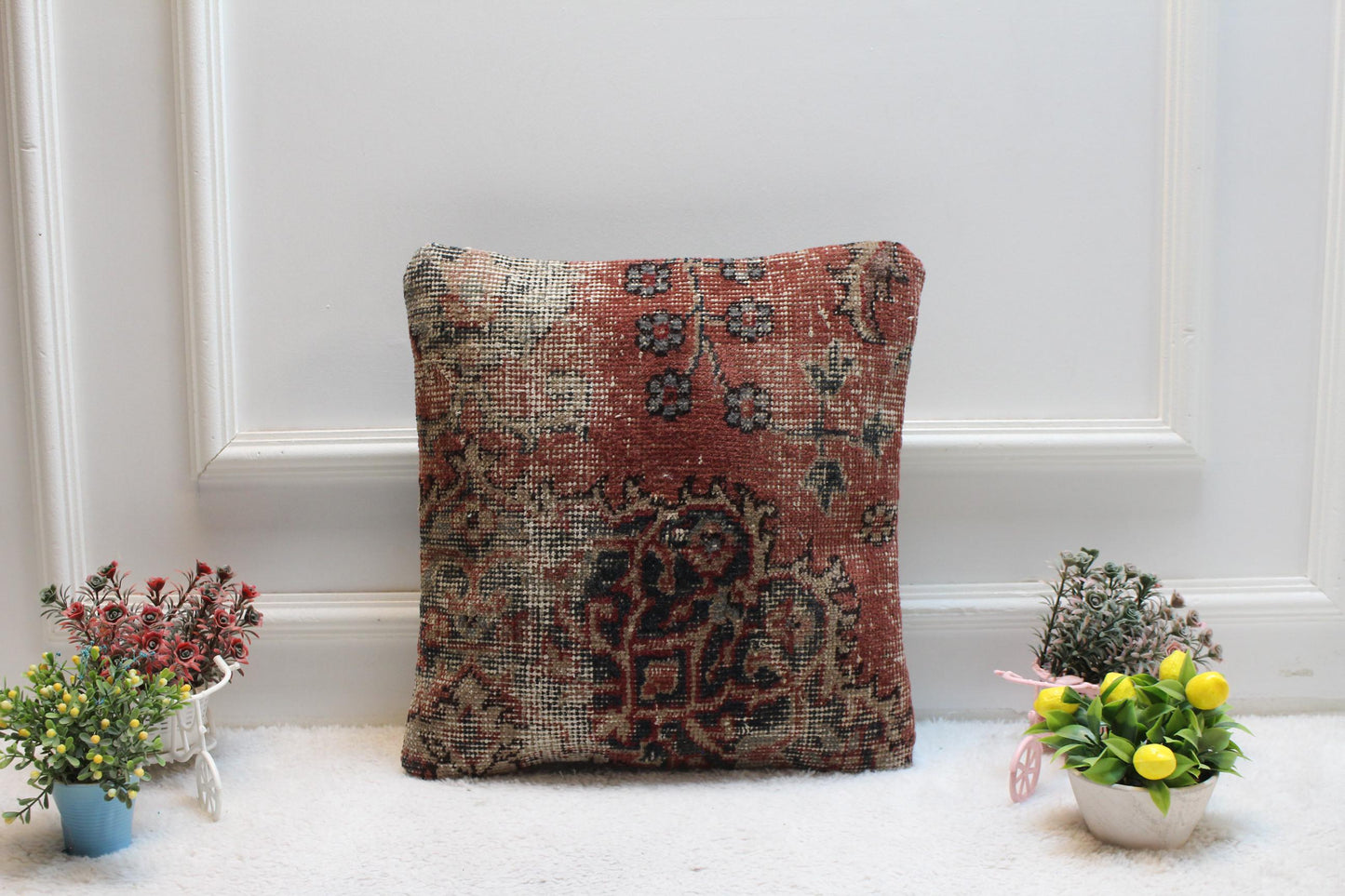 Floral Kilim Pillow Cover: 16x16 Turkish Rug Pillow, Upcycled Wool