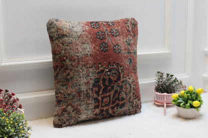Floral Kilim Pillow Cover: 16x16 Turkish Rug Pillow, Upcycled Wool