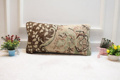 Floral Turkish Rug Pillow: Handmade Wool Lumbar Cushion 12x24 inc