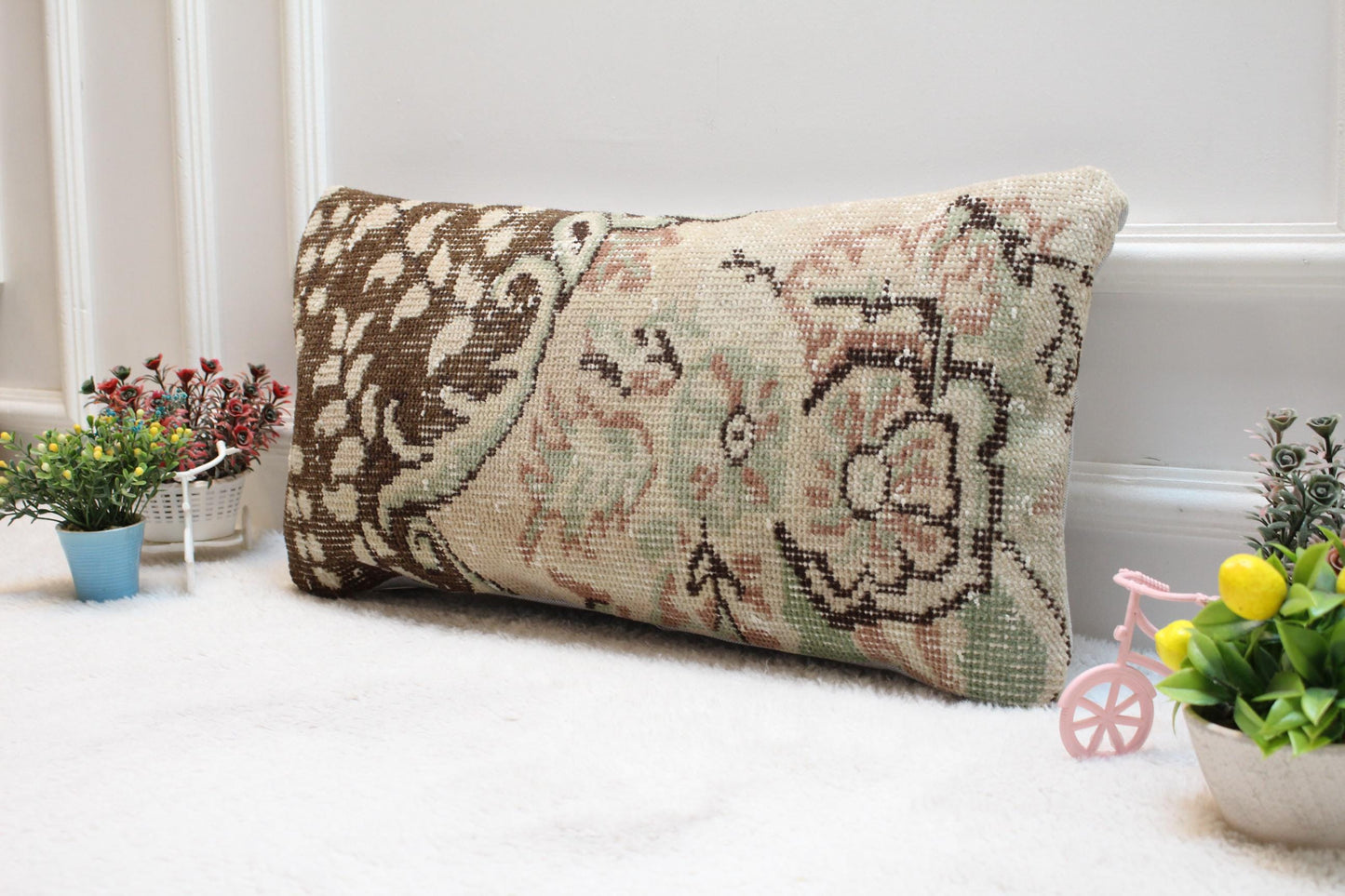 Floral Turkish Rug Pillow: Handmade Wool Lumbar Cushion 12x24 inc