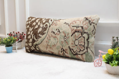 Floral Turkish Rug Pillow: Handmade Wool Lumbar Cushion 12x24 inc