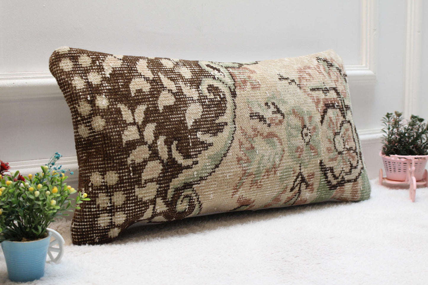Floral Turkish Rug Pillow: Handmade Wool Lumbar Cushion 12x24 inc