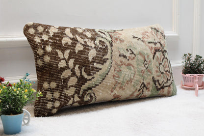 Floral Turkish Rug Pillow: Handmade Wool Lumbar Cushion 12x24 inc