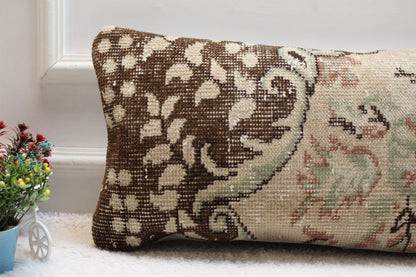 Floral Turkish Rug Pillow: Handmade Wool Lumbar Cushion 12x24 inc