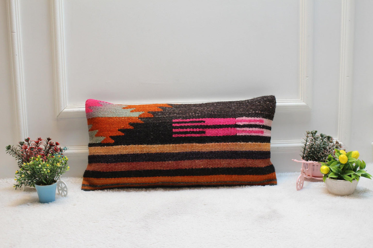 Handmade Kilim Lumbar Pillow Cover: Vintage Woven Rug, 12x24 inc