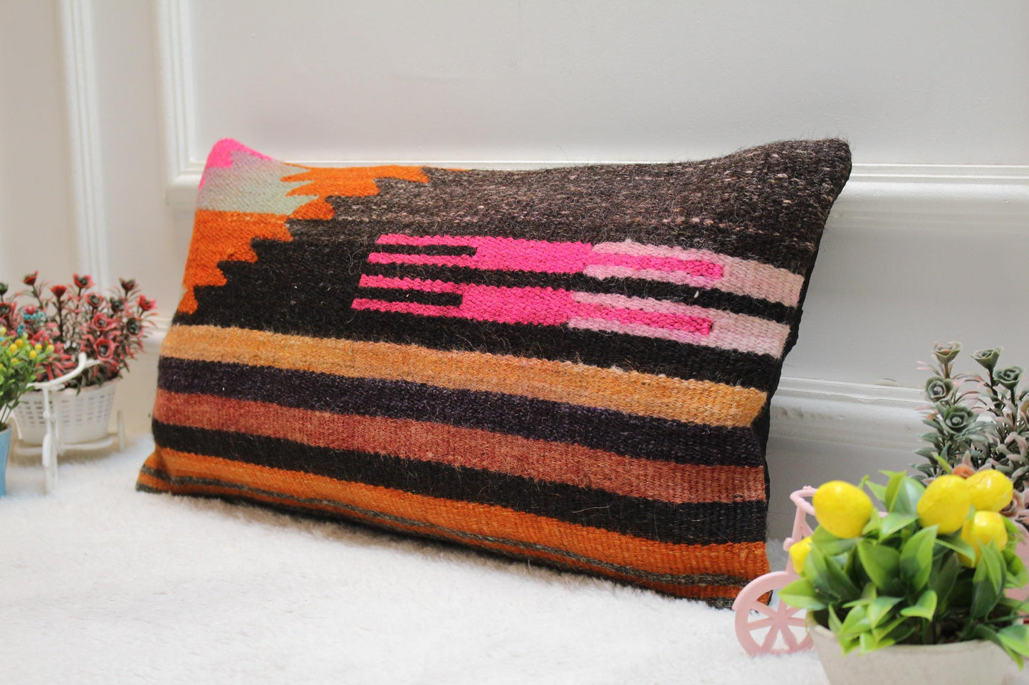 Handmade Kilim Lumbar Pillow Cover: Vintage Woven Rug, 12x24 inc