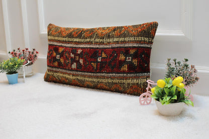 Vintage Turkish Rug Pillow Cover: Upcycled Kilim Lumbar Cushion (12x24 in)