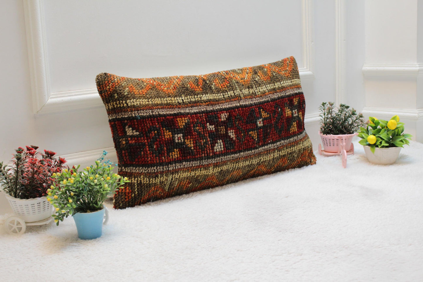 Vintage Turkish Rug Pillow Cover: Upcycled Kilim Lumbar Cushion (12x24 in)