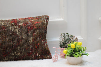 Vintage Turkish Kilim Pillow Cover: Red & Brown Lumbar Pillow, 12x24 inch