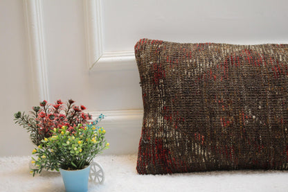 Vintage Turkish Kilim Pillow Cover: Red & Brown Lumbar Pillow, 12x24 inch