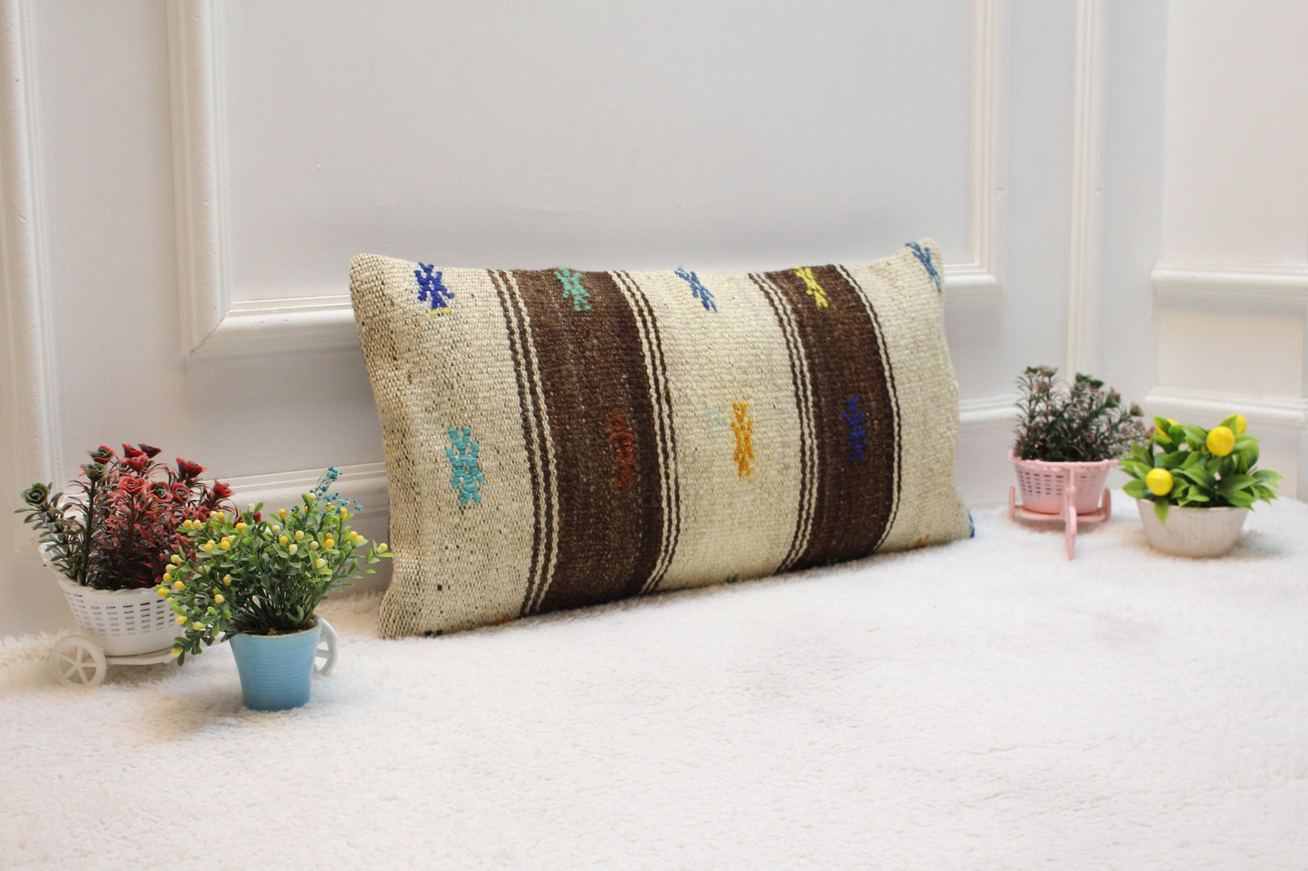 Striped Kilim Pillow Cover (12x24 in): Handmade Upcycled Woven Rug