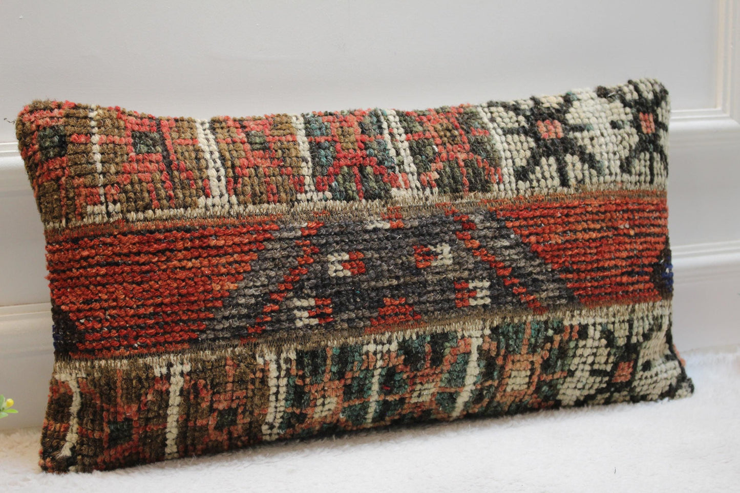 Handmade Red Kilim Lumbar Pillow Cover: Vintage Turkish Rug, 12x24 inch
