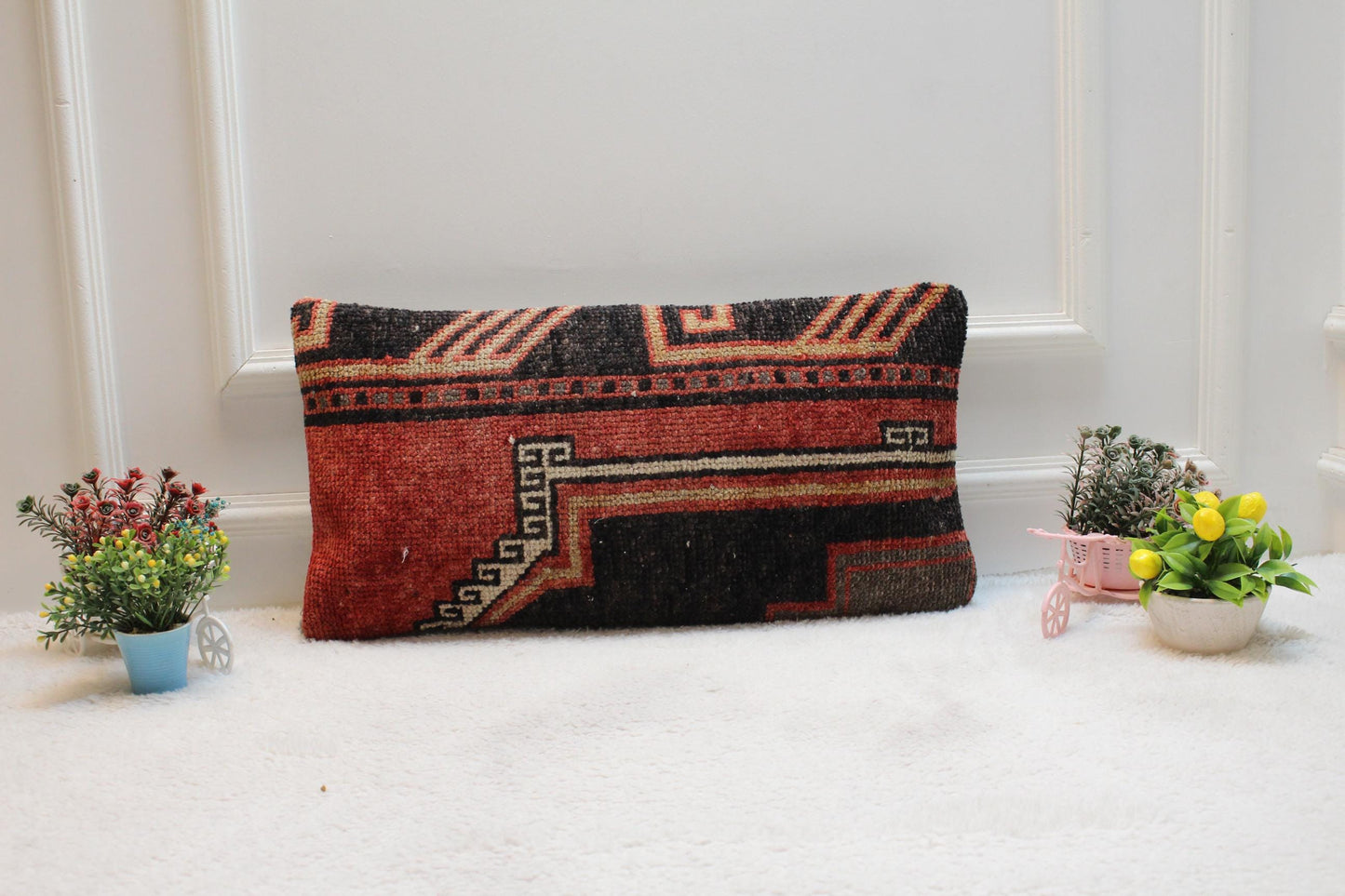 Red Vintage Lumbar Pillow Cover: Turkish Rug Design (12x24 inc)